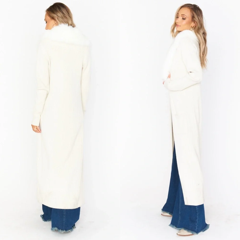 Show Me Your MuMu Cream Faux-Fur Collar Long Cardigan - Picture 5 of 13